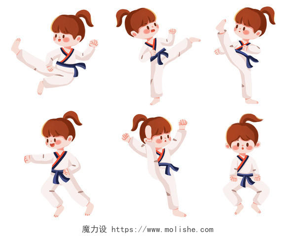 女孩跆拳道套图卡通人物PNG素材跆拳道运动健身